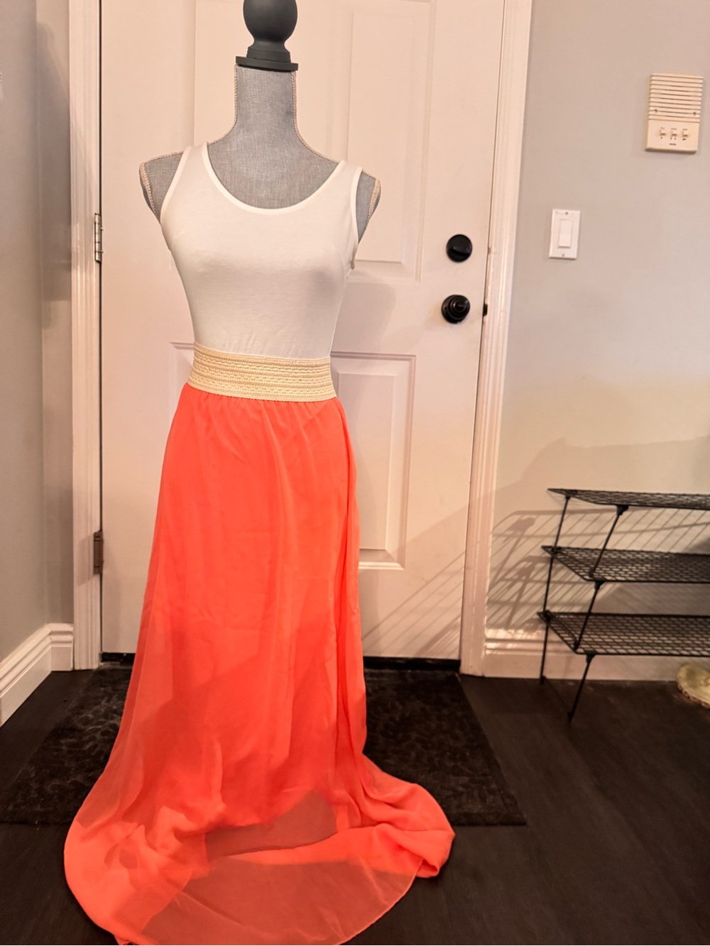 Coral Maxi Dress with Cream Elastic Waistband